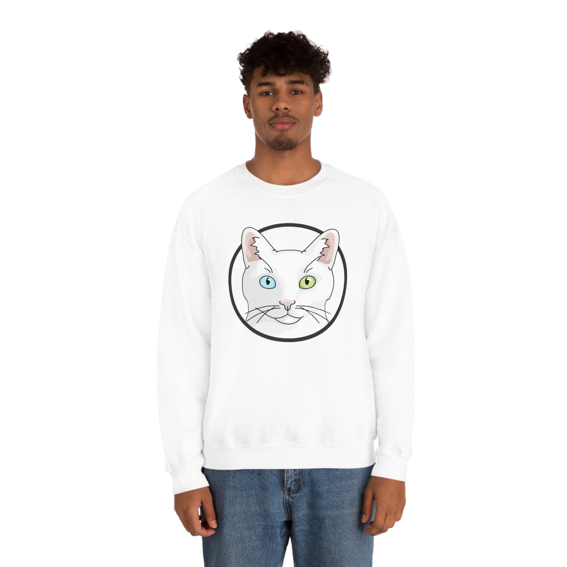 White DSH Cat Circle | Crewneck Sweatshirt - Detezi Designs-11291047541834513357