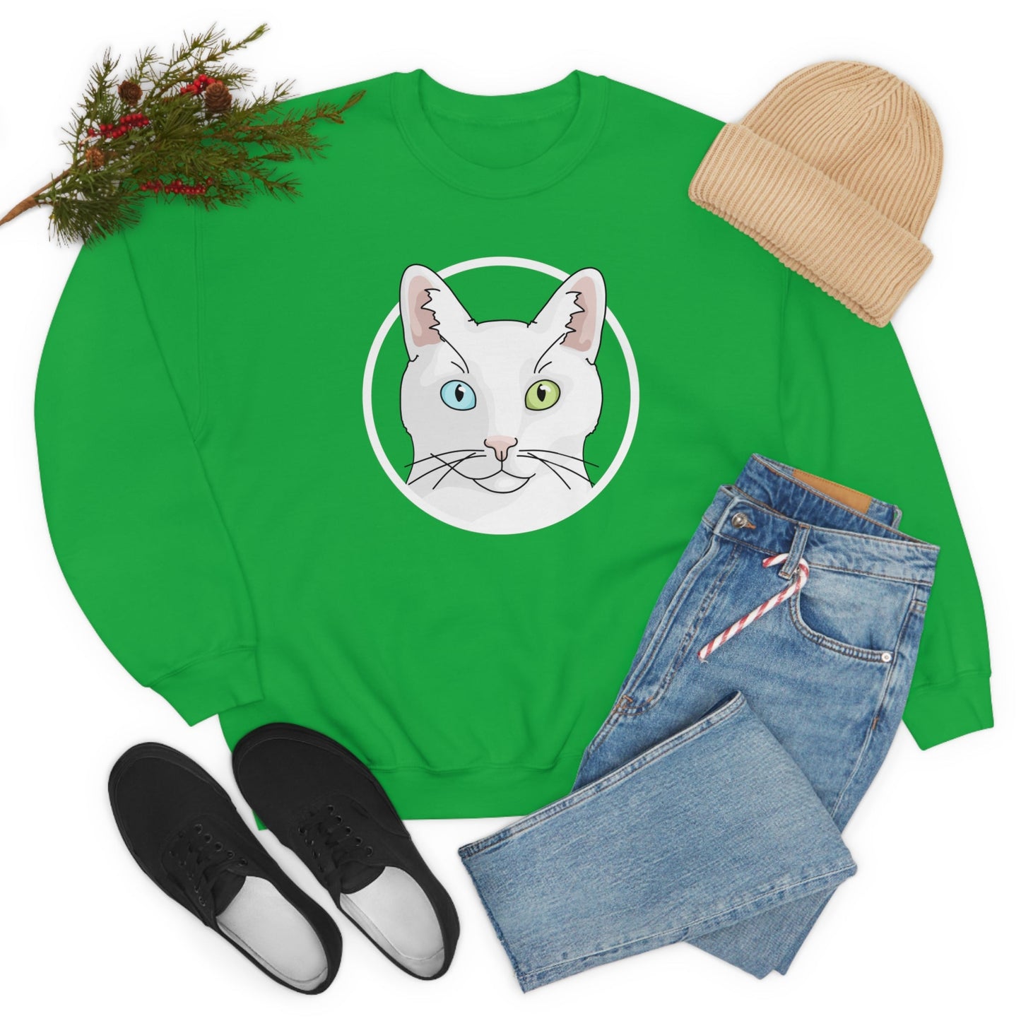 White DSH Cat Circle | Crewneck Sweatshirt - Detezi Designs-11291047541834513357