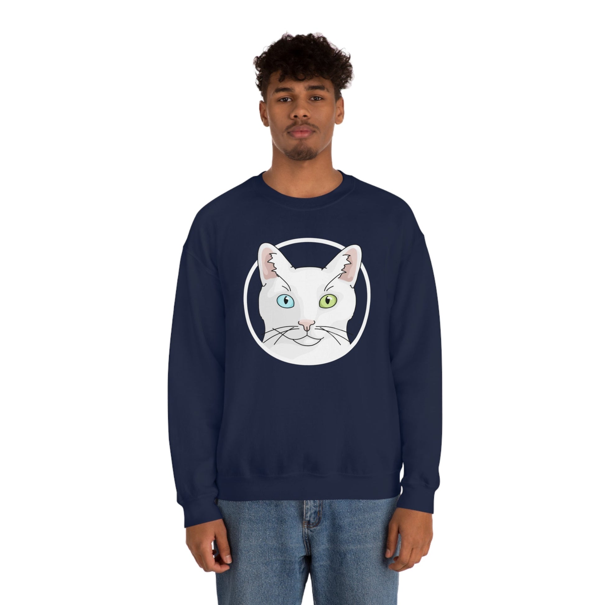 White DSH Cat Circle | Crewneck Sweatshirt - Detezi Designs-11291047541834513357