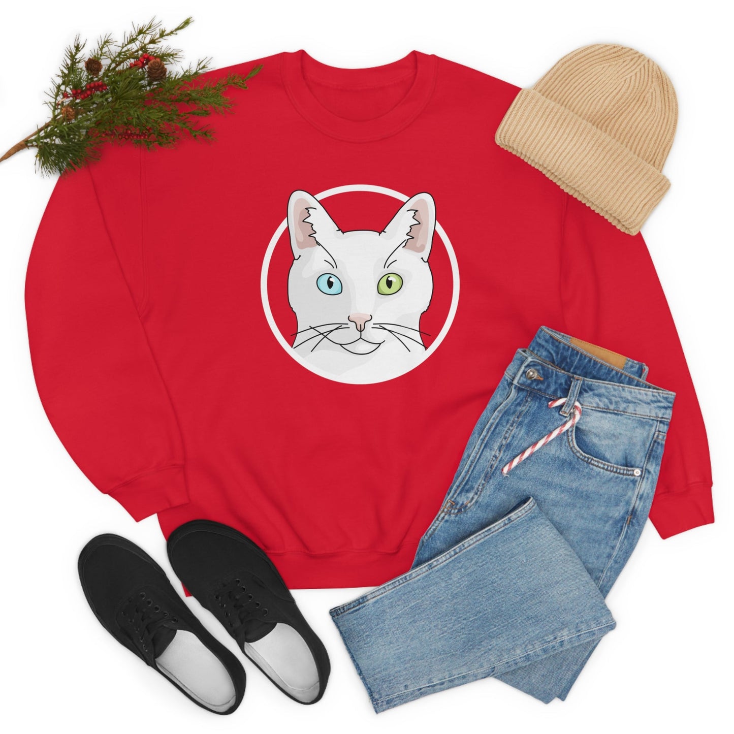 White DSH Cat Circle | Crewneck Sweatshirt - Detezi Designs-11291047541834513357