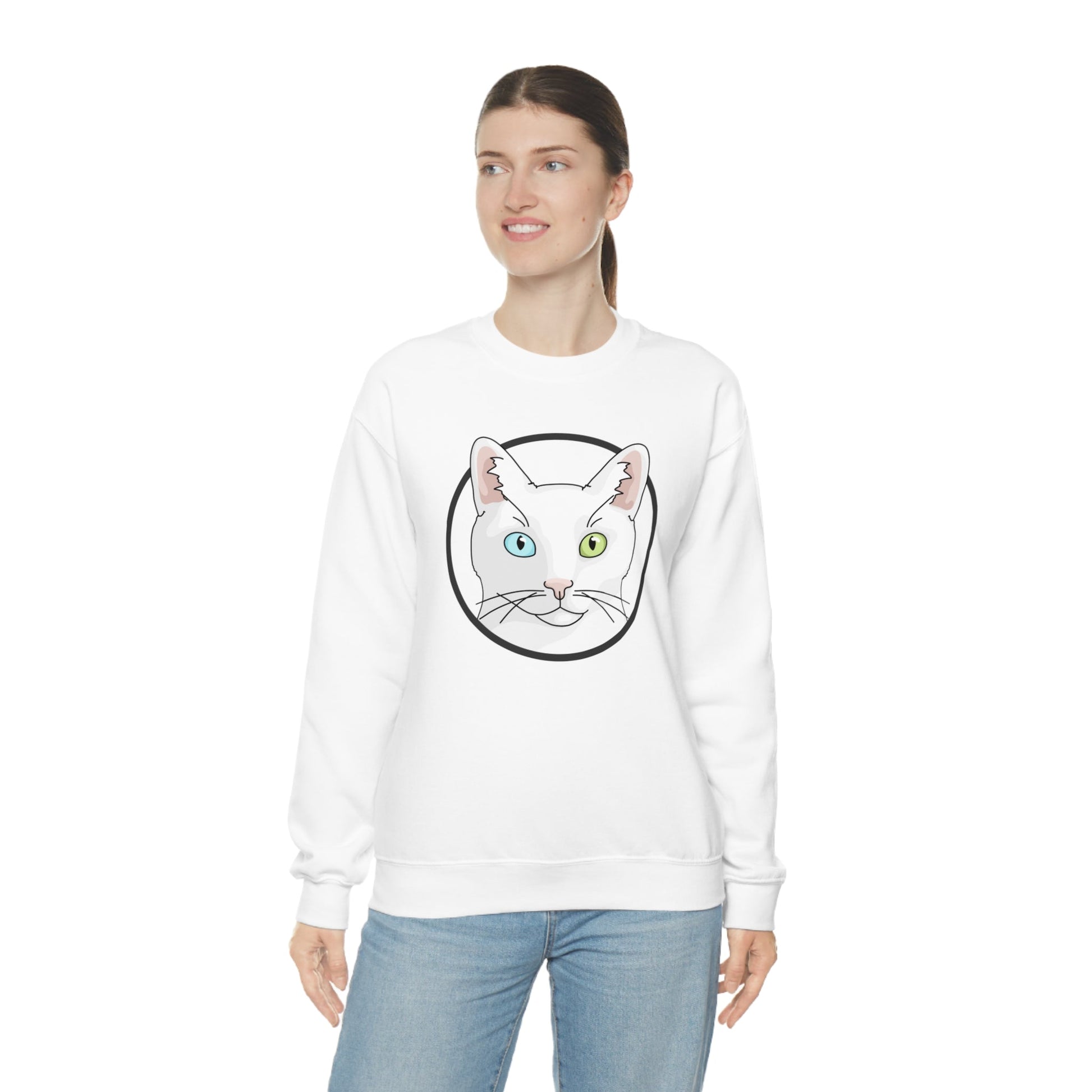 White DSH Cat Circle | Crewneck Sweatshirt - Detezi Designs-11291047541834513357