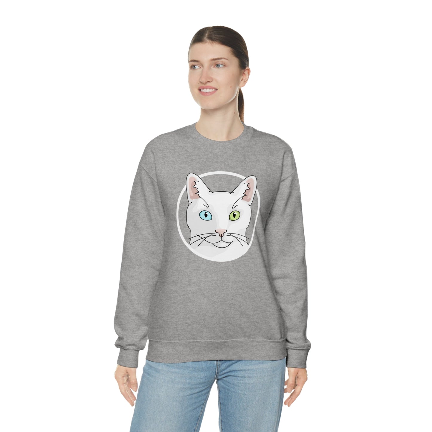 White DSH Cat Circle | Crewneck Sweatshirt - Detezi Designs-11291047541834513357