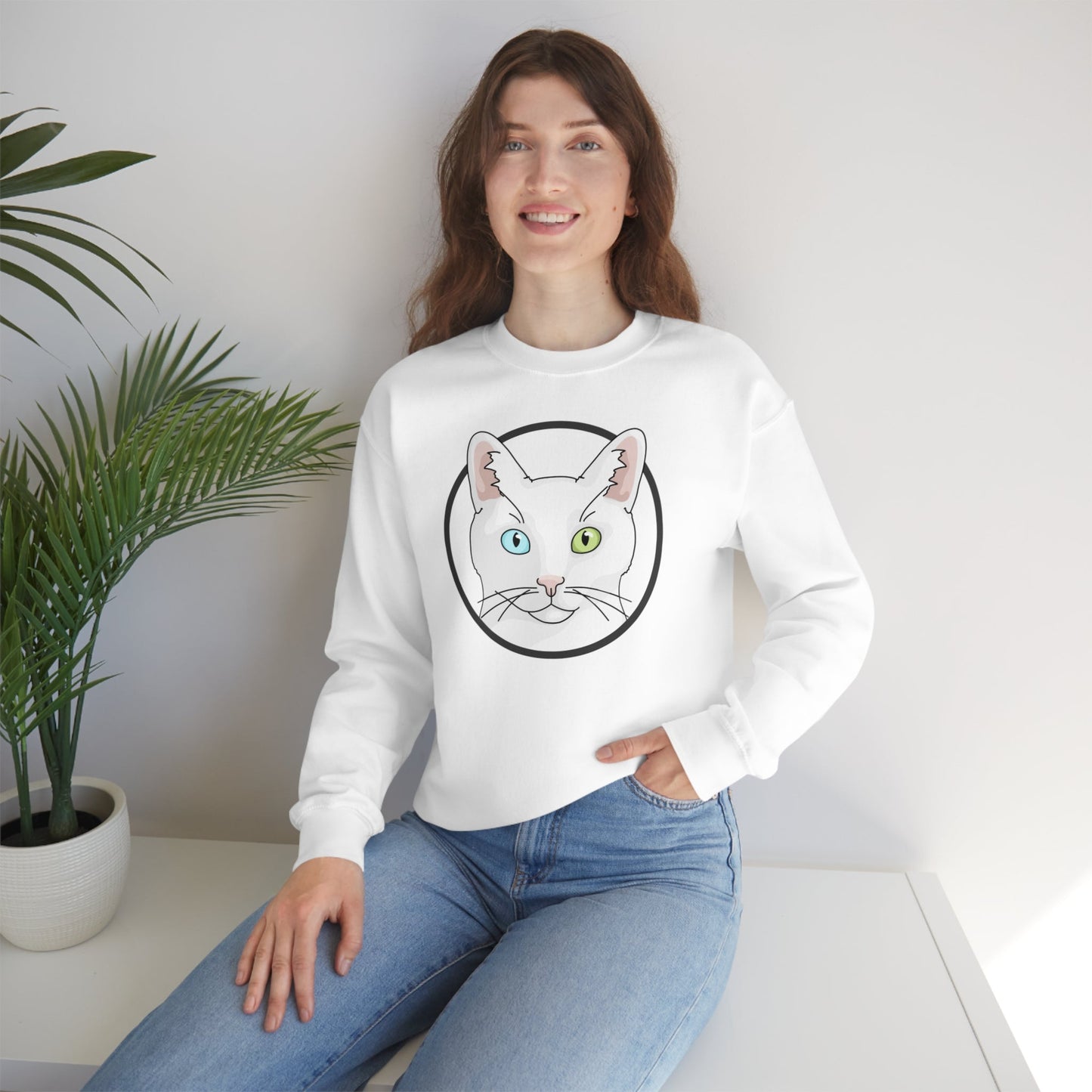 White DSH Cat Circle | Crewneck Sweatshirt - Detezi Designs-11291047541834513357