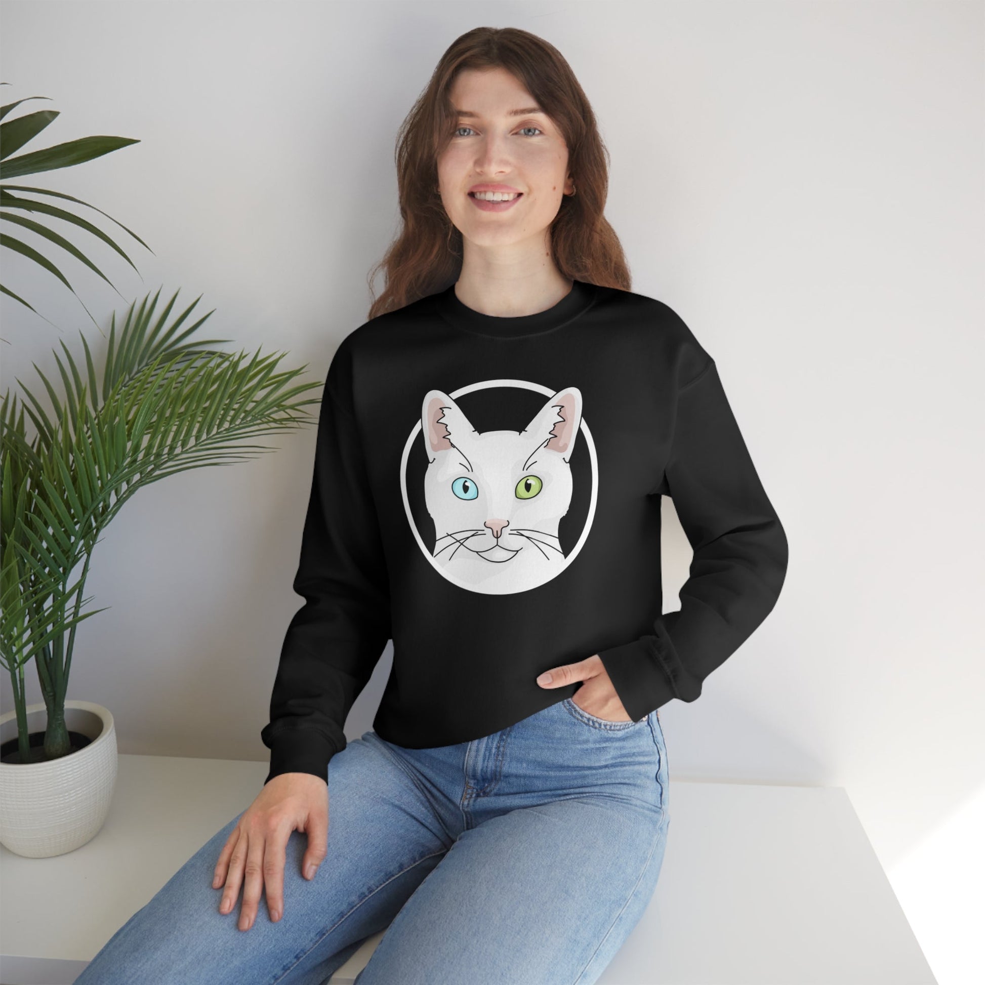 White DSH Cat Circle | Crewneck Sweatshirt - Detezi Designs-11291047541834513357