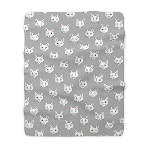 White DSH Cat Faces | Sherpa Fleece Blanket - Detezi Designs-26352604072105045281