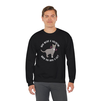 Who Needs A Valentine When You Have A Cat? | Crewneck Sweatshirt - Detezi Designs-33706331345844847014